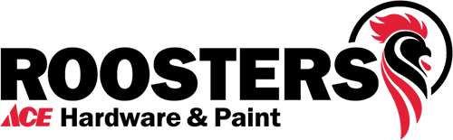 Rooster Paint Center rooster with a red oval with text on top reading roosters paint center